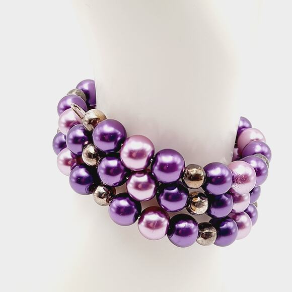 Vintage 1950s Purple Faux Pearl Memory Wire Bracelet - Picture 7 of 10